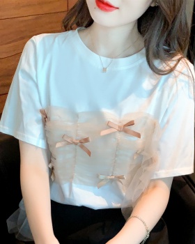 Summer round neck bow tops loose pure cotton T-shirt