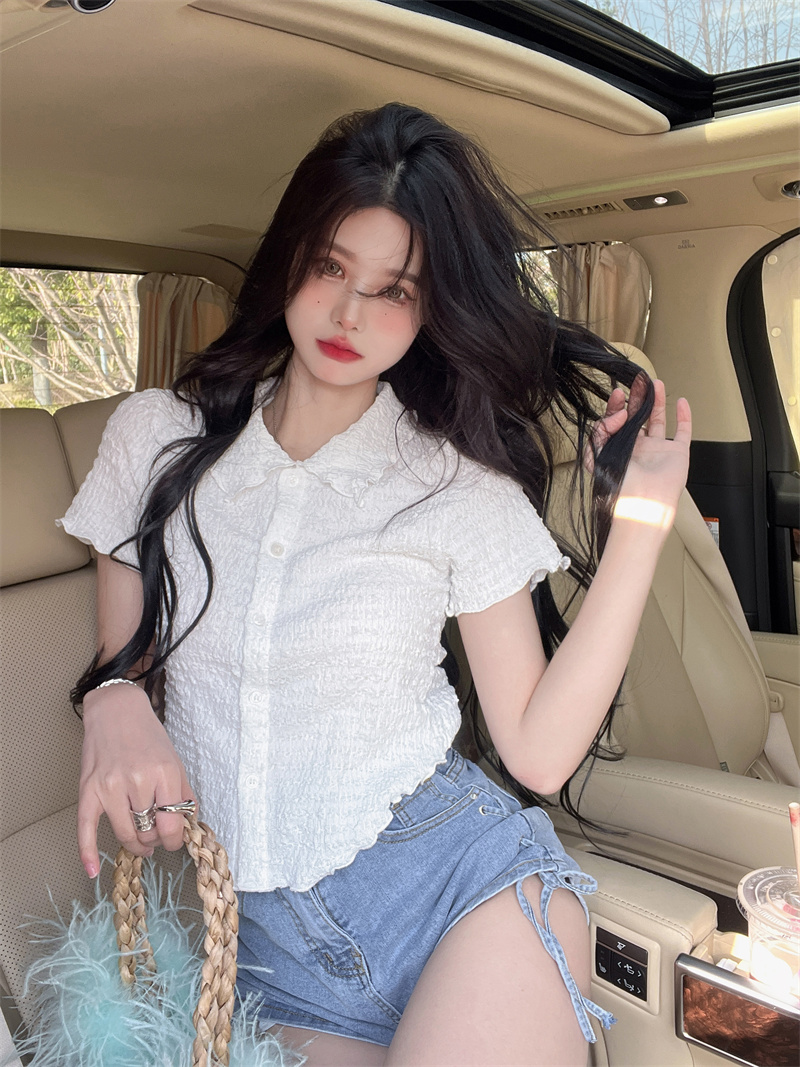 Doll collar wood ear short tops summer irregular shirt