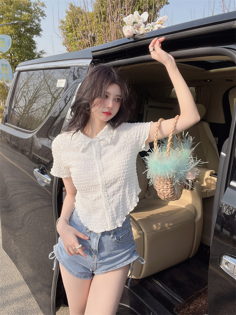 Doll collar wood ear short tops summer irregular shirt