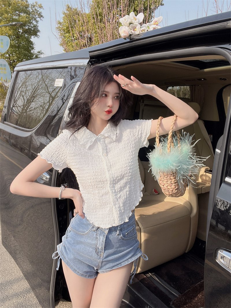 Doll collar wood ear short tops summer irregular shirt