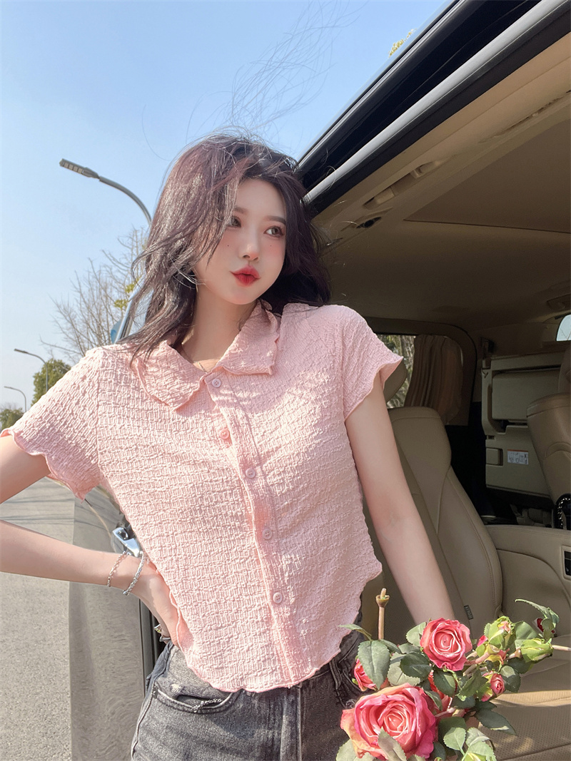 Doll collar wood ear short tops summer irregular shirt