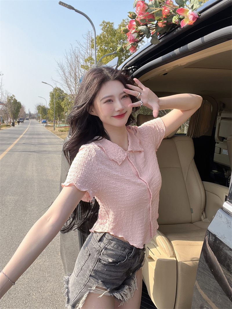 Doll collar wood ear short tops summer irregular shirt