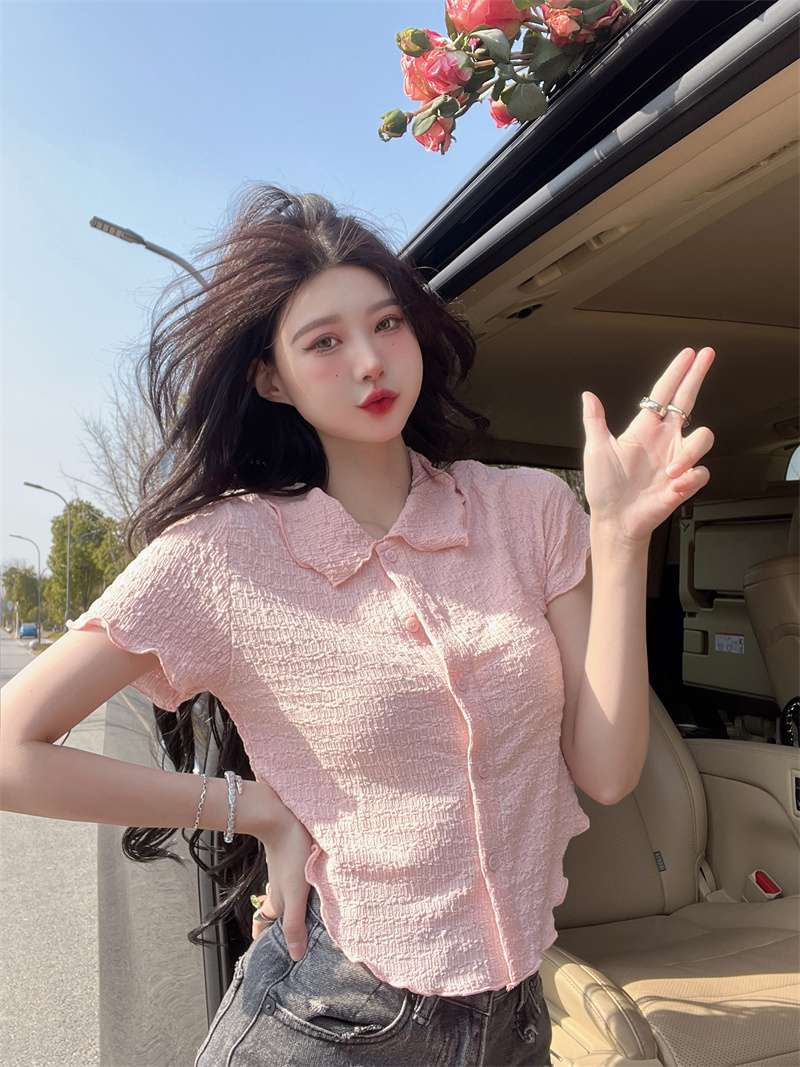 Doll collar wood ear short tops summer irregular shirt