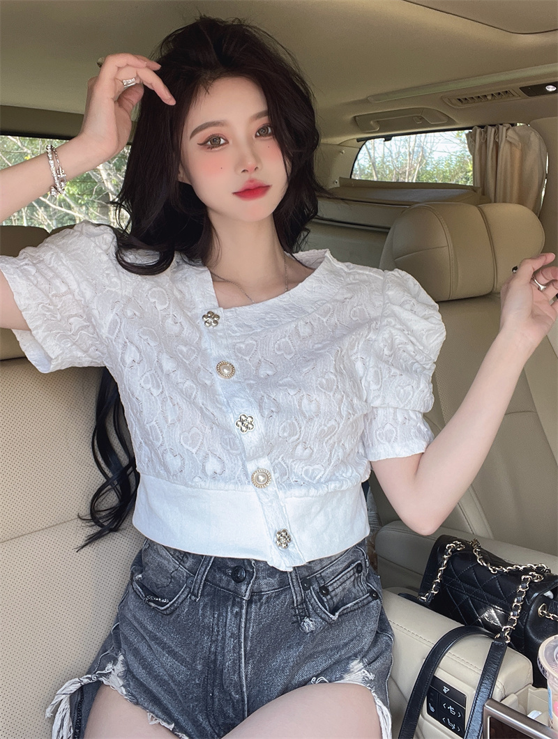 Lace white tops short sleeve court style small shirt