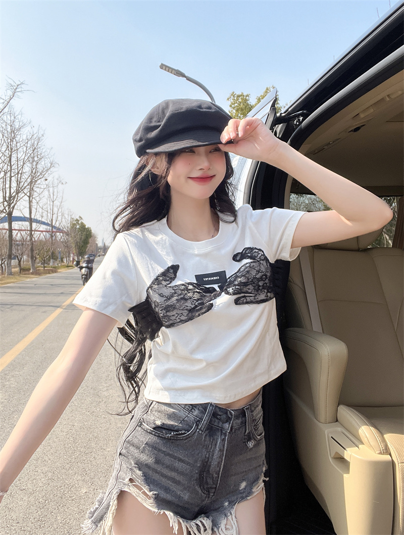 Spell yarn stereoscopic lace decoration T-shirt for women