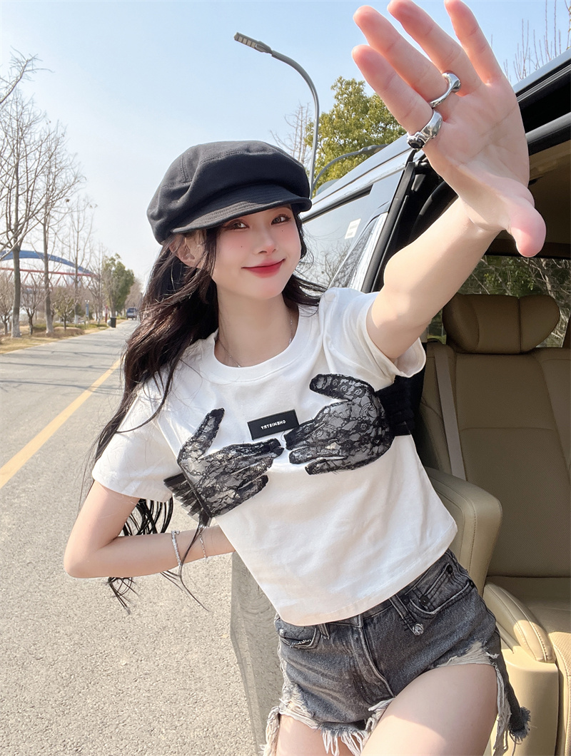 Spell yarn stereoscopic lace decoration T-shirt for women