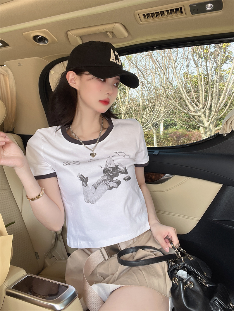 Slim printing short T-shirt short sleeve round neck tops