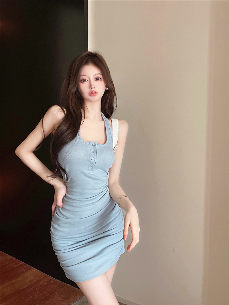 Breasted package hip fold slim halter European style dress