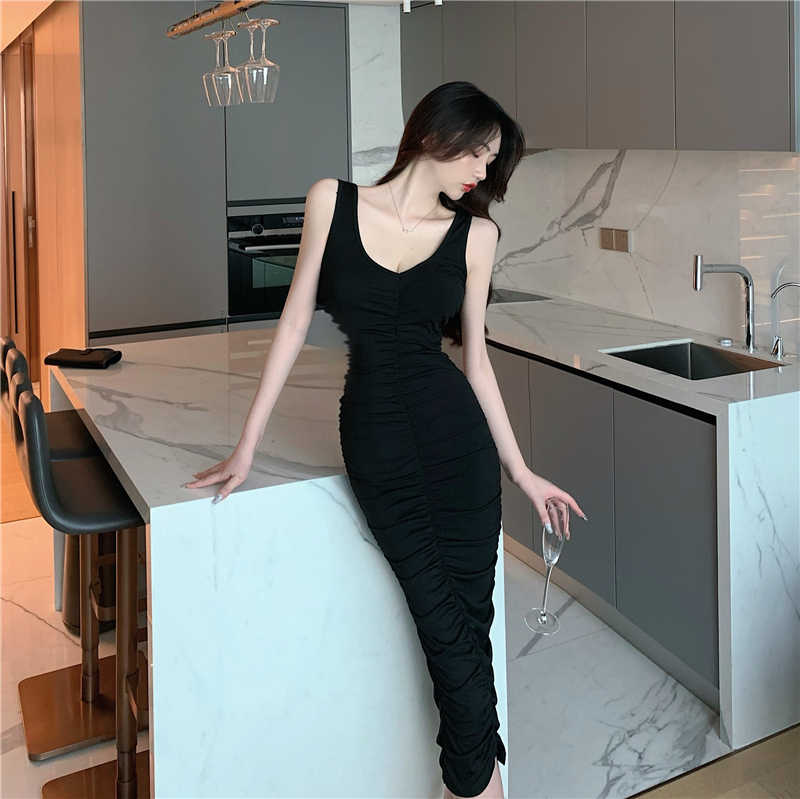 Fold temperament dress U-neck long dress