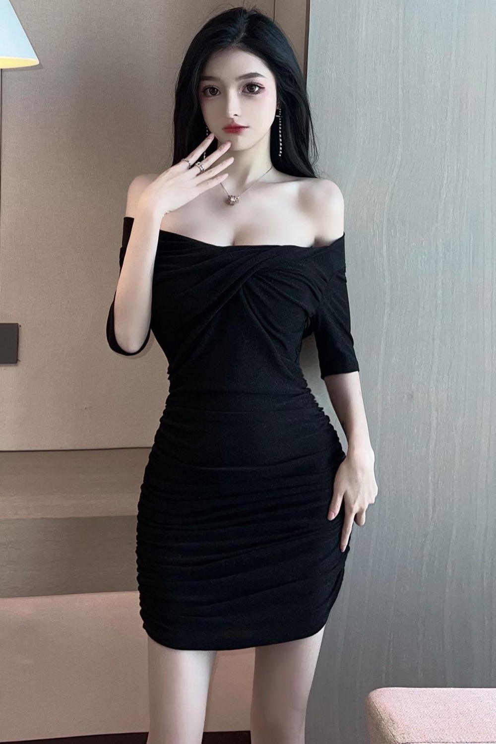 Commuting high waist short sleeve fold sexy package hip dress