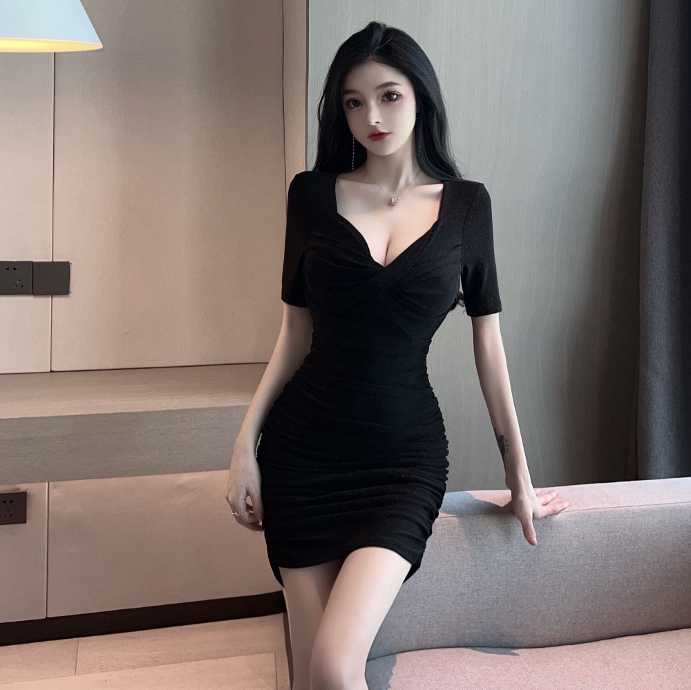 Commuting high waist short sleeve fold sexy package hip dress