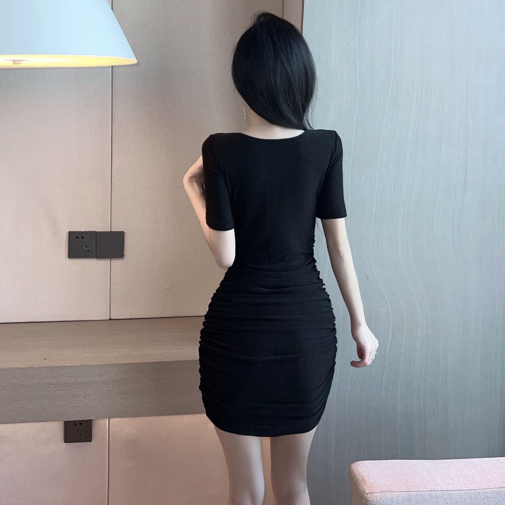 Commuting high waist short sleeve fold sexy package hip dress