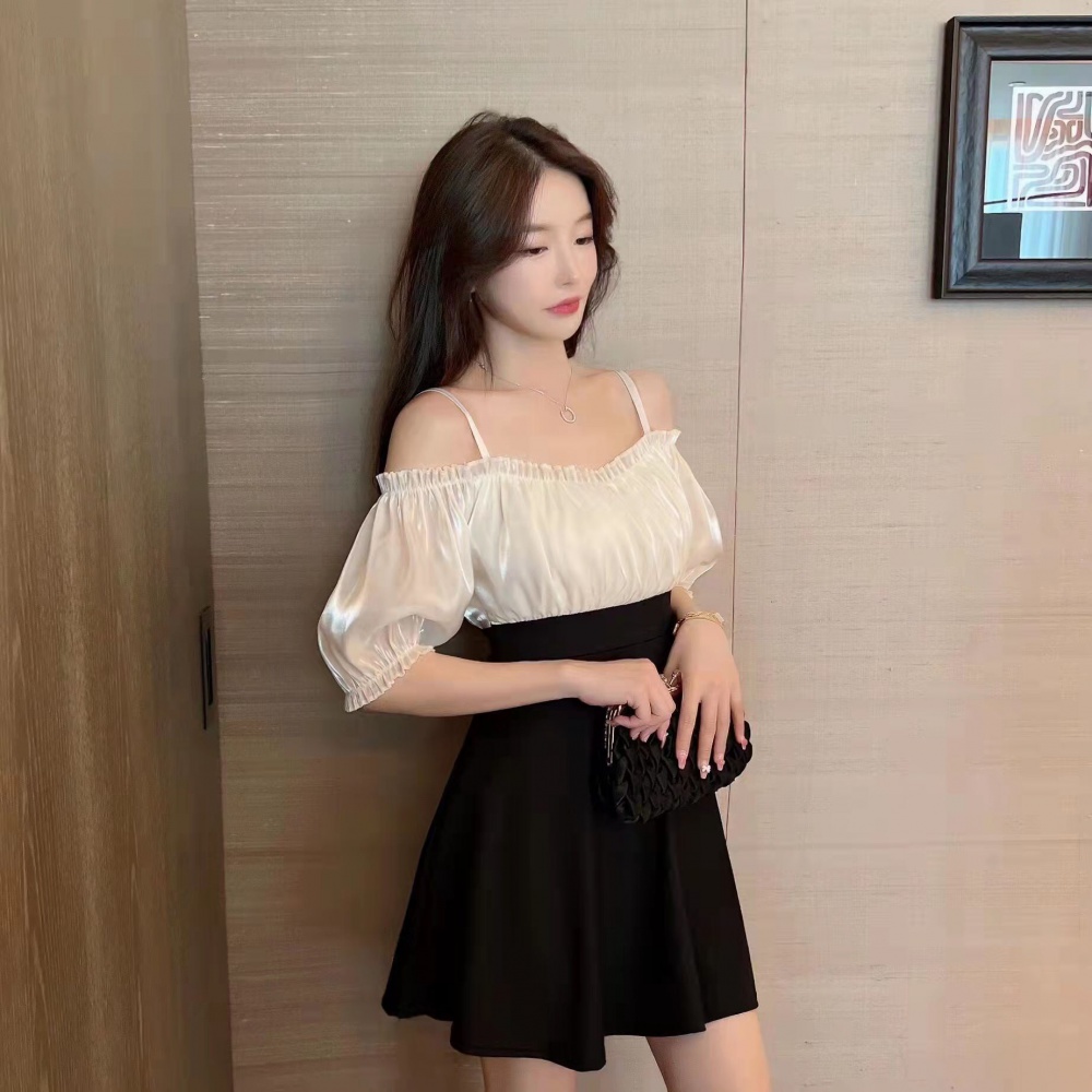 Splice slim flat shoulder puff sleeve chiffon unique dress