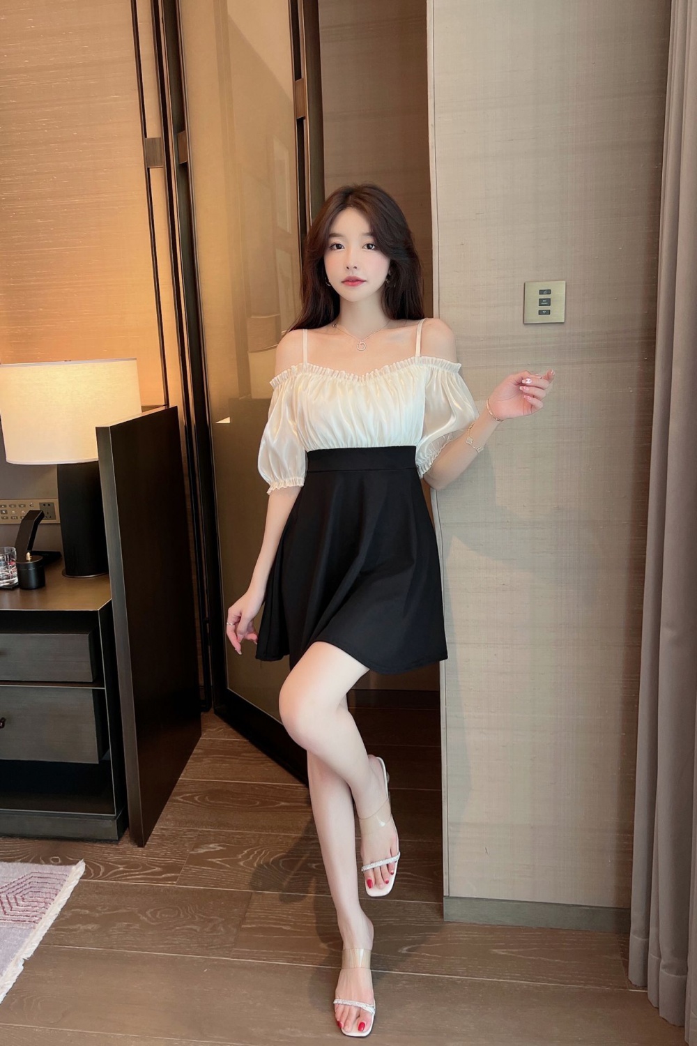 Splice slim flat shoulder puff sleeve chiffon unique dress