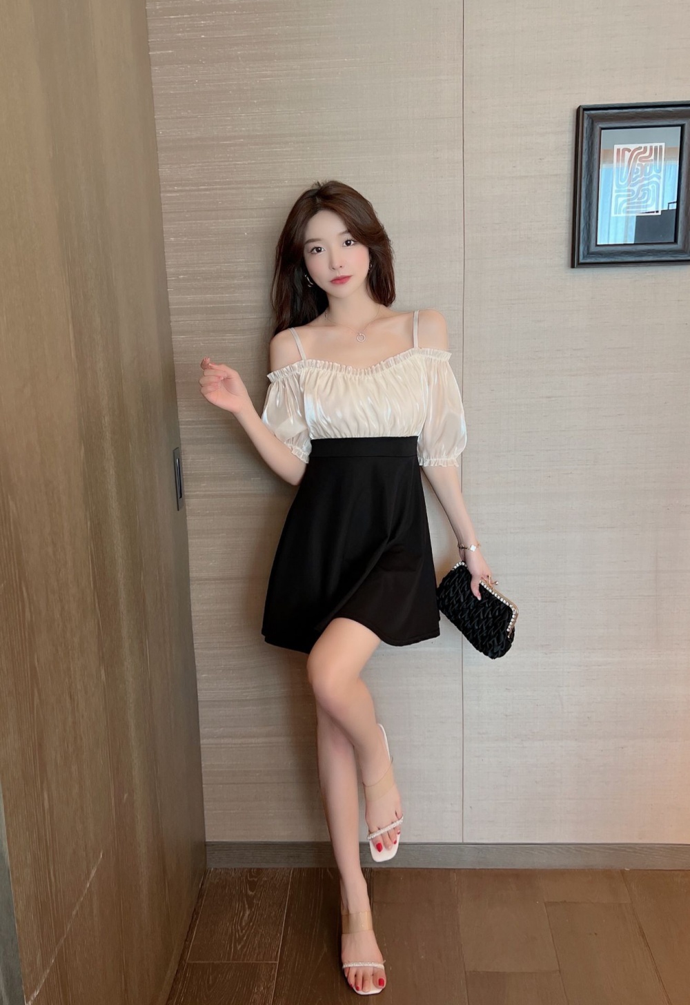 Splice slim flat shoulder puff sleeve chiffon unique dress