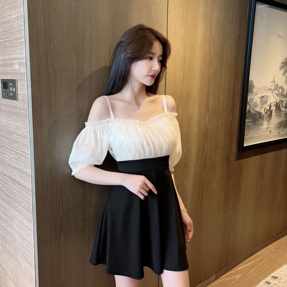 Splice slim flat shoulder puff sleeve chiffon unique dress