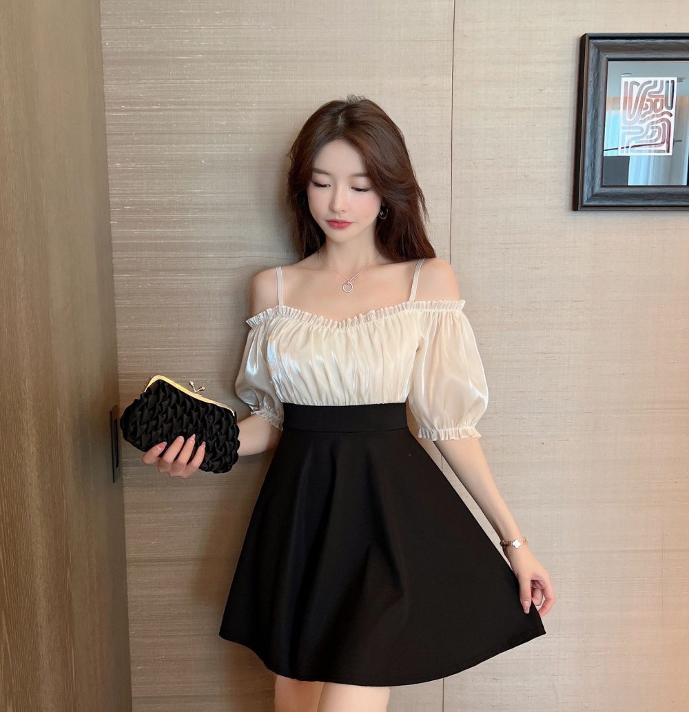 Splice slim flat shoulder puff sleeve chiffon unique dress