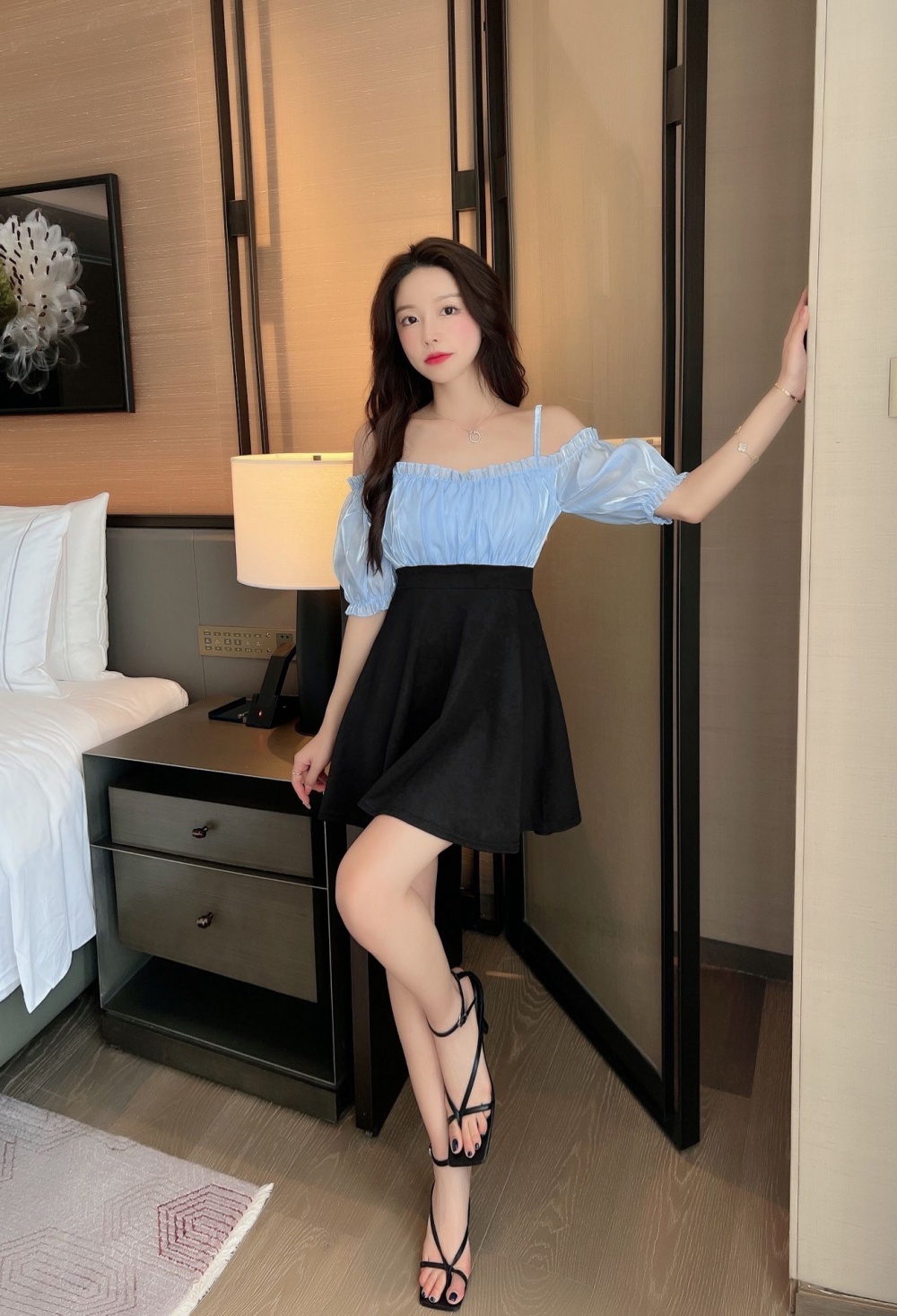 Splice slim flat shoulder puff sleeve chiffon unique dress