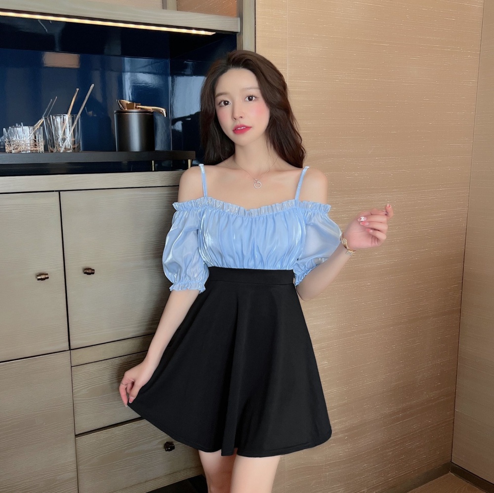 Splice slim flat shoulder puff sleeve chiffon unique dress