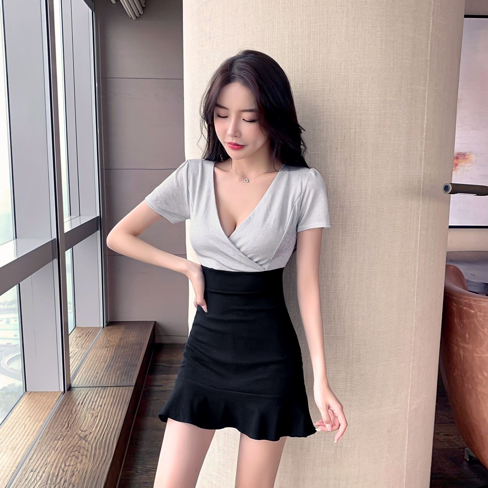 Package hip high elastic pure cotton splice dress