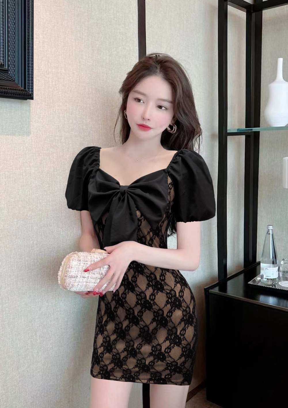 Bow flat shoulder package hip lace puff sleeve dress for women