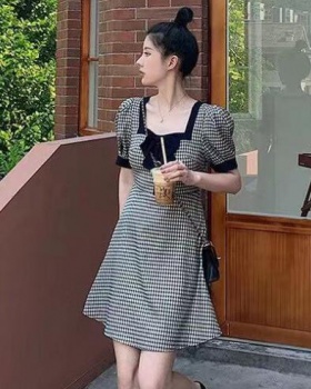 Puff sleeve fat plaid France style dress for women