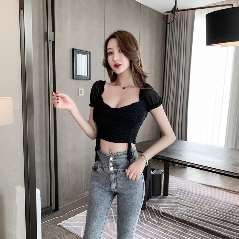 Puff sleeve sexy tops temperament drawstring clavicle