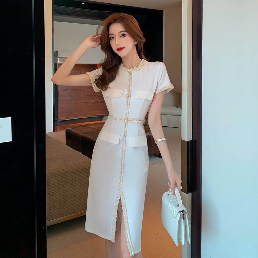Fashion and elegant slim buckle white temperament dress