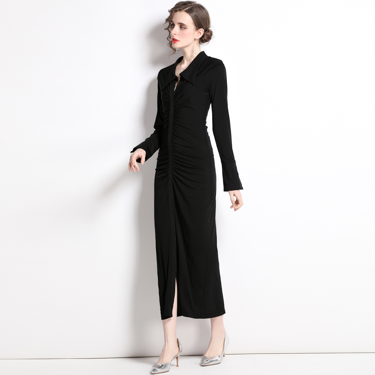 Speaker lapel long sleeve fold pinched waist dress