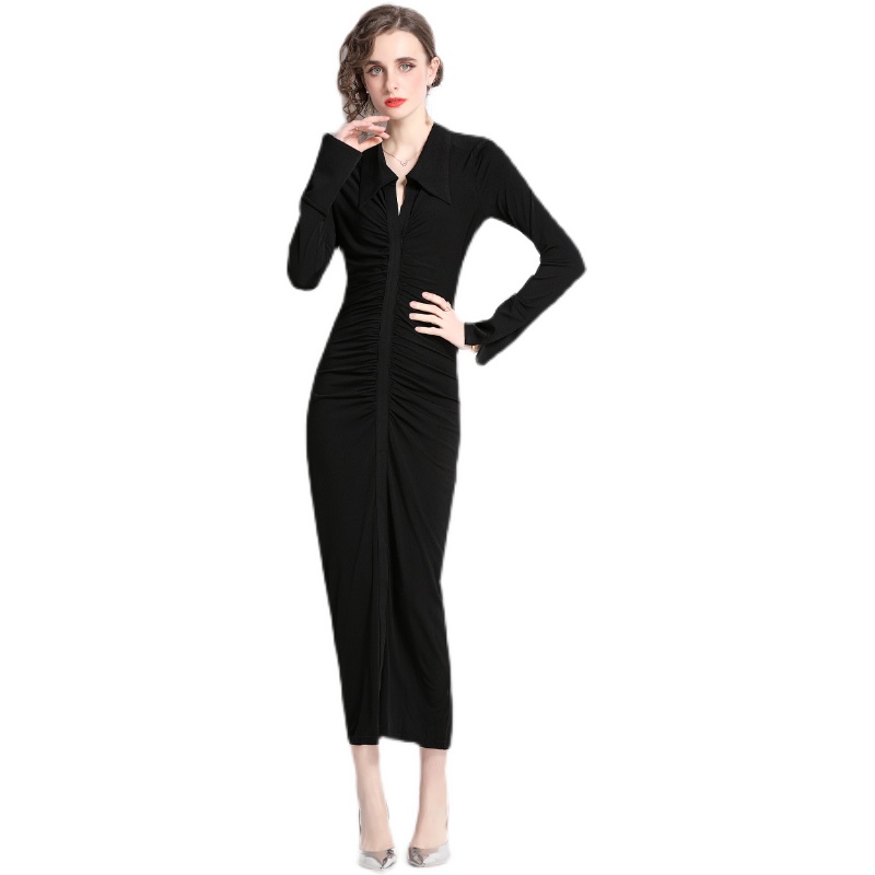 Speaker lapel long sleeve fold pinched waist dress