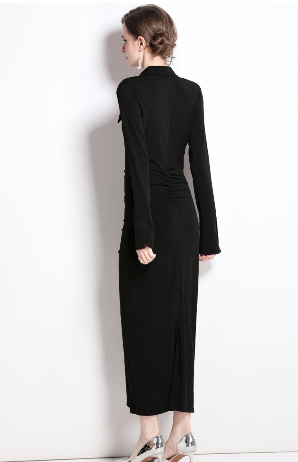 Speaker lapel long sleeve fold pinched waist dress