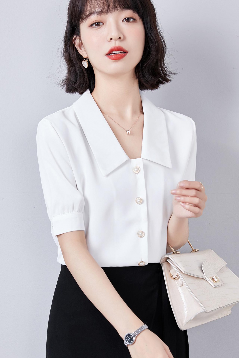 Satin short sleeve tops white small shirt for women