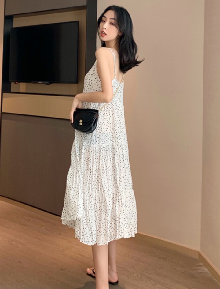 Long sling sleeveless polka dot fold Korean style dress for women
