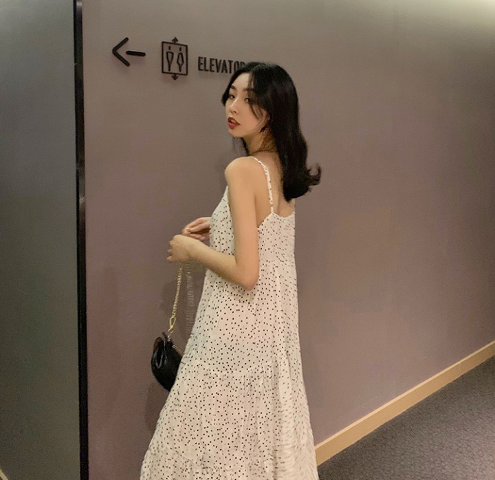 Long sling sleeveless polka dot fold Korean style dress for women