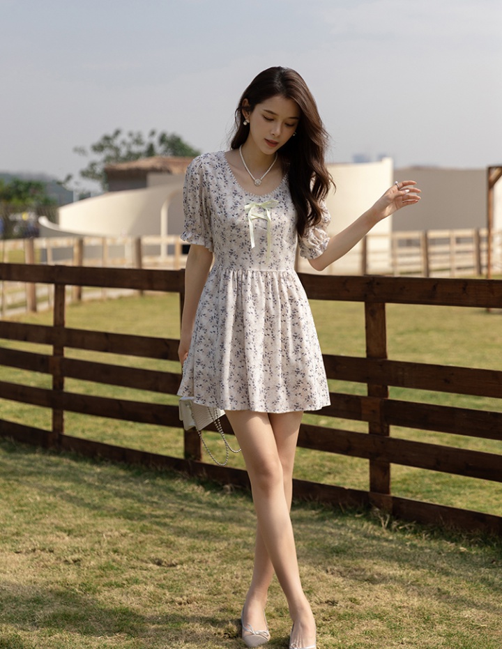 France style tender slim clavicle floral chiffon dress