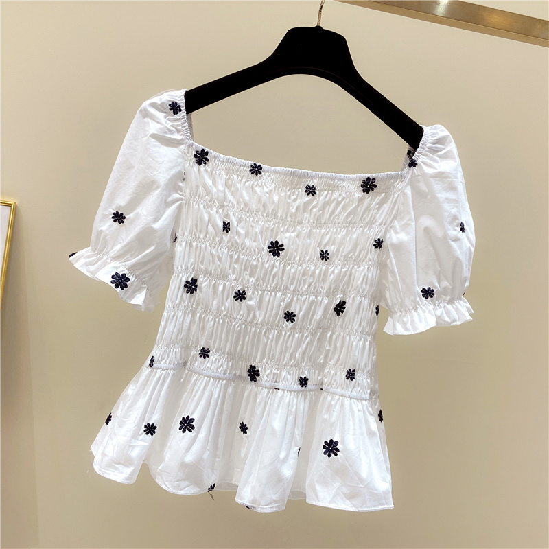 Slim summer embroidered flowers shirt fat square collar tops