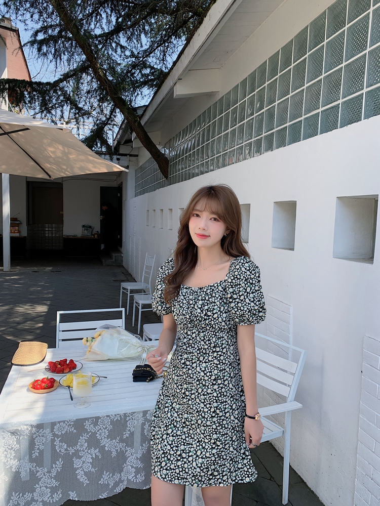 Puff sleeve Korean style romantic slim dress for women