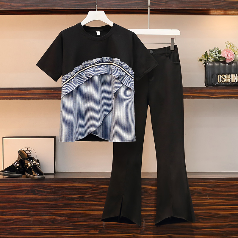 Fashion large yard flare pants splice tops 2pcs set