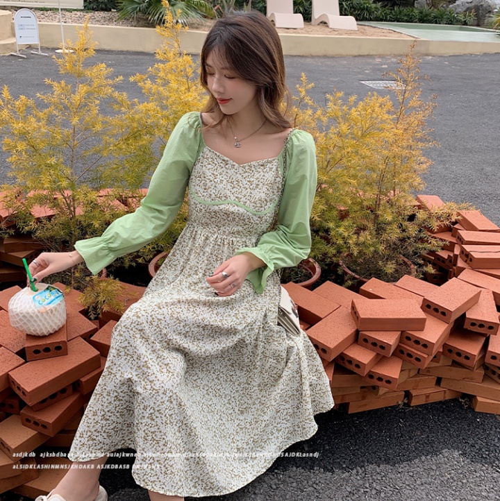 Splice long spring princess sleeves high waist floral dress