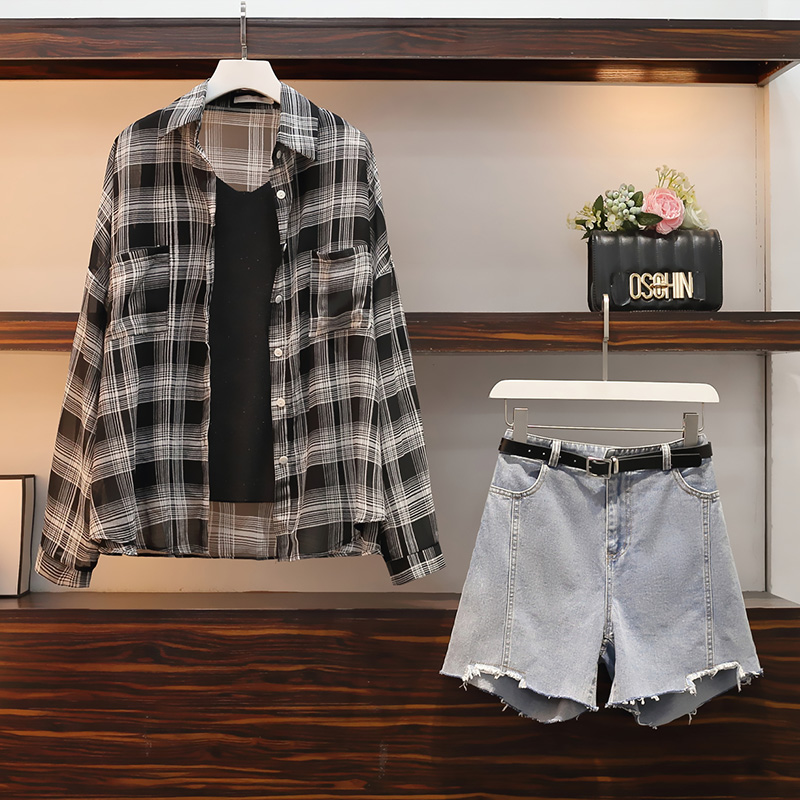 Slim short jeans fashion shirt 3pcs set for women