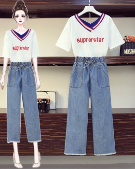 Embroidery fashion wide leg pants fat tops a set for women