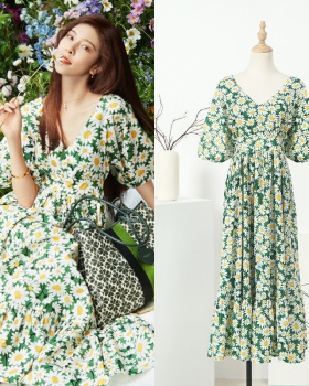 Fashion floral sweet puff sleeve long dress for women