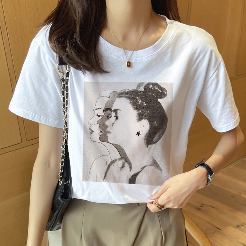 Printing T-shirt round neck tops for women