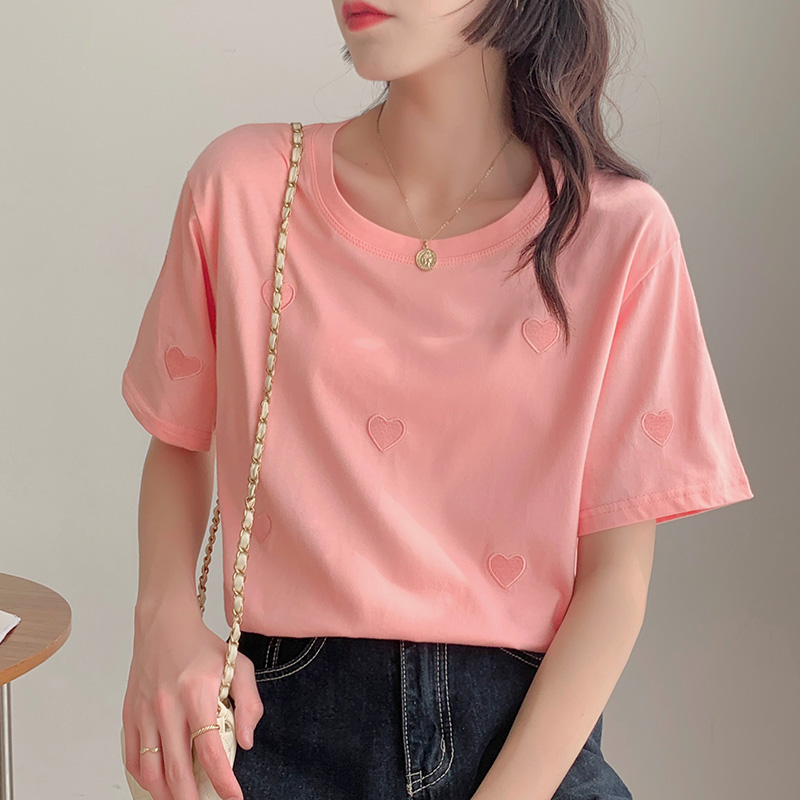 Embroidered heart T-shirt loose tops for women
