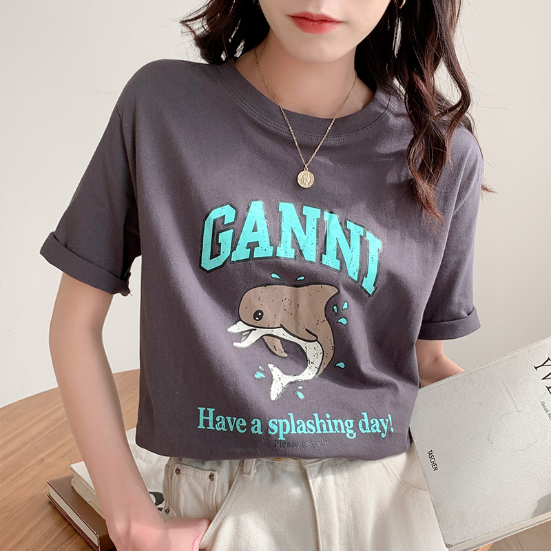 All-match round neck tops printing T-shirt for women