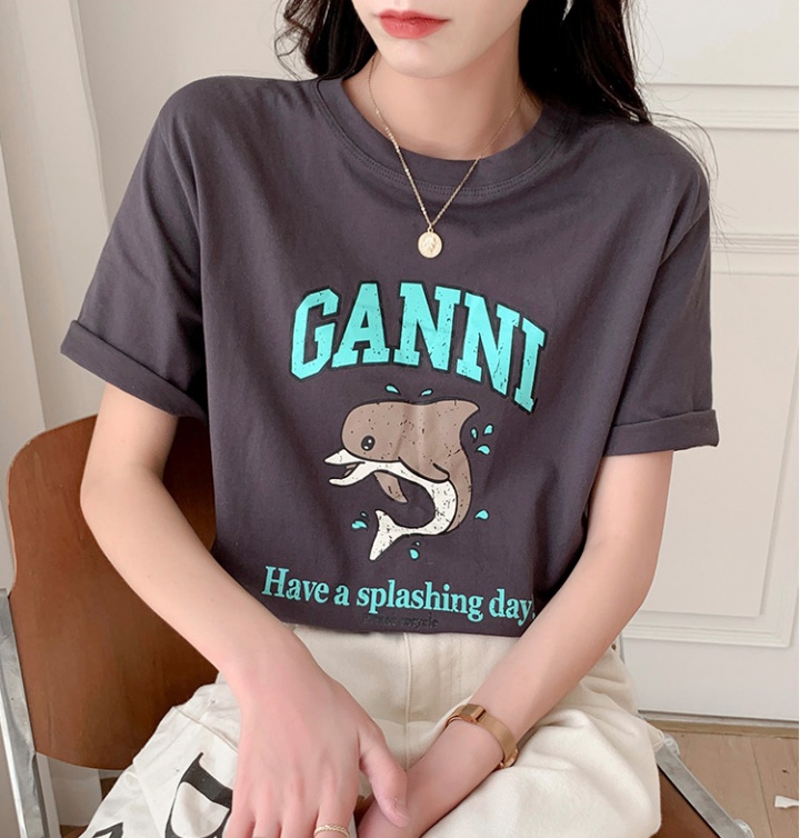 All-match round neck tops printing T-shirt for women