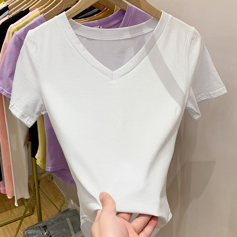 V-neck pure cotton tops inside the ride T-shirt for women