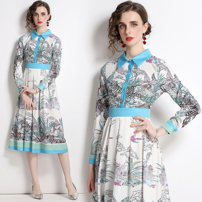 Printing long sleeve dress spring fashion long dress