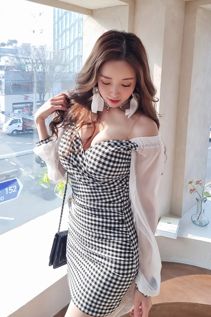 Strapless sexy chiffon T-back package hip summer plaid dress
