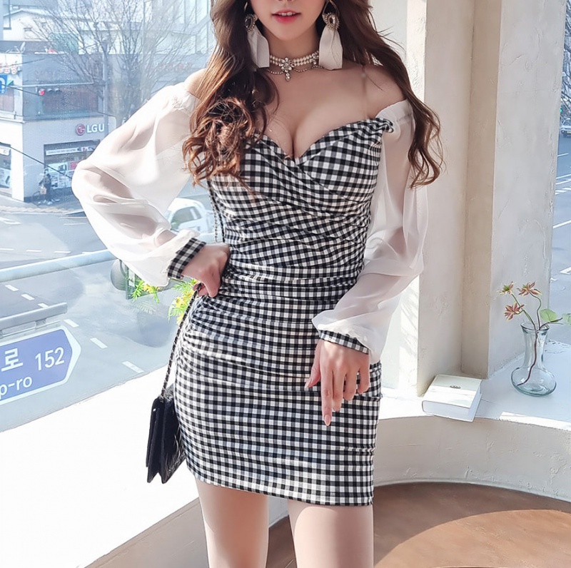 Strapless sexy chiffon T-back package hip summer plaid dress